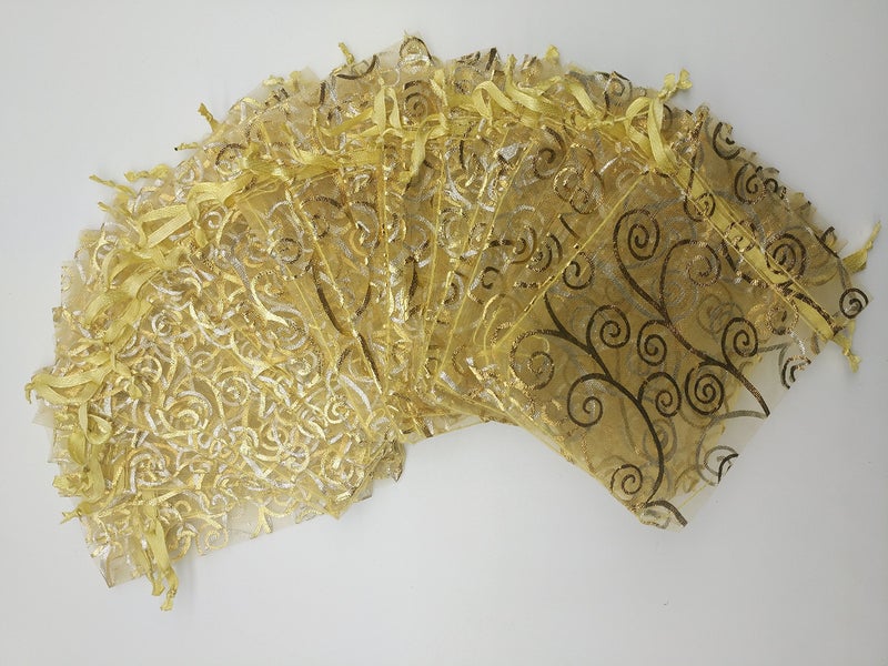Ankirol 100pcs Sheer Organza Favor Bags For Wedding Baby Shower Rattan Print Gift Bags Samples Display Drawstring Pouches (3.5x4.5 inch, gold) - Image 3